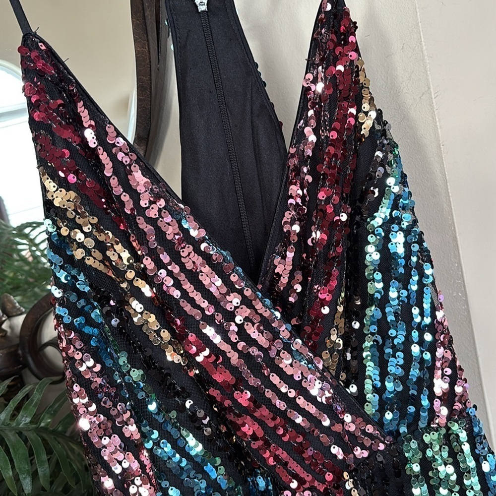 Venus Sparkly Rainbow Striped Sequin Colorful Cocktail Dress Spaghetti Strap - Picture 5 of 15